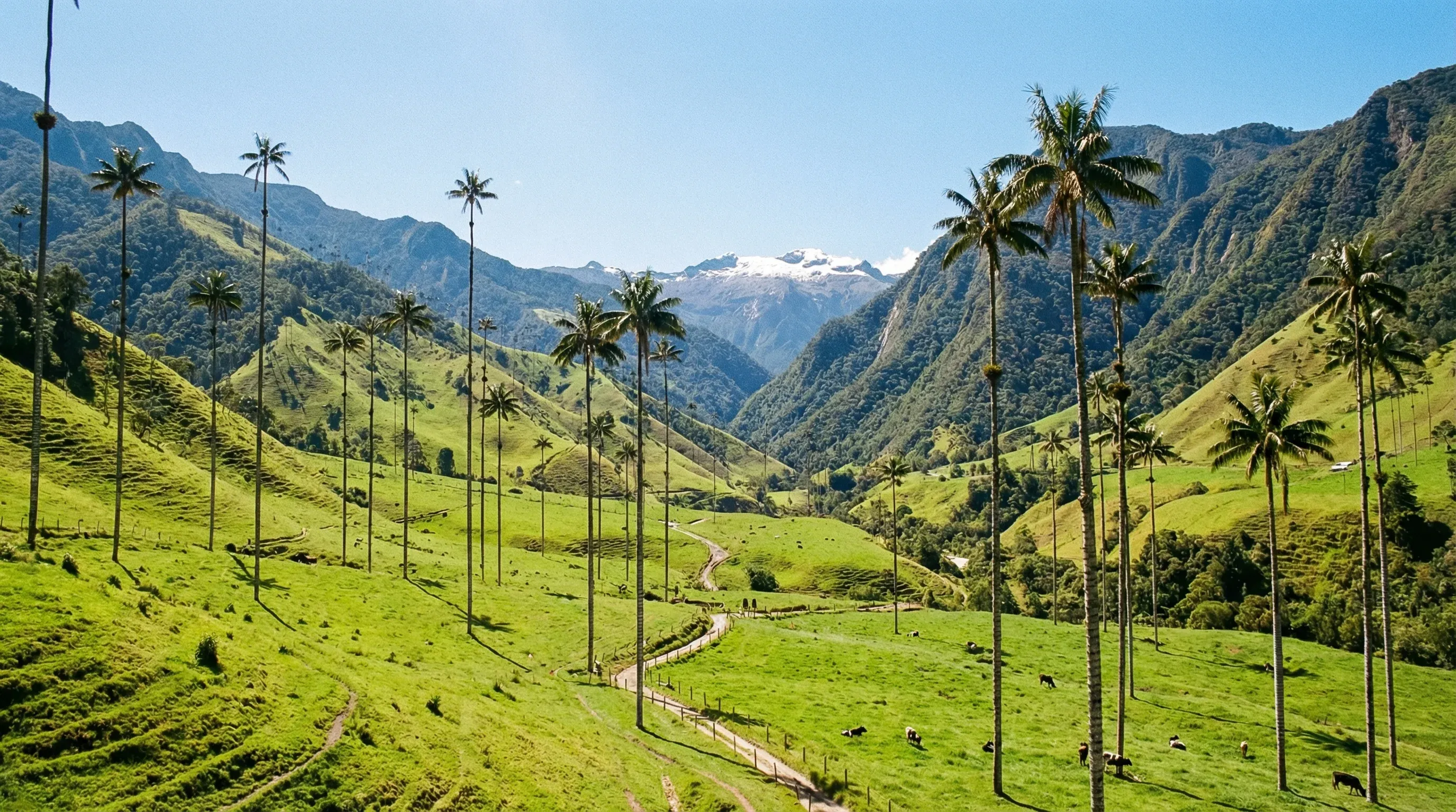 Tall wax palm trees standing on rolling green hills in the Cocora Valley against a backdrop of Andean mountains.
