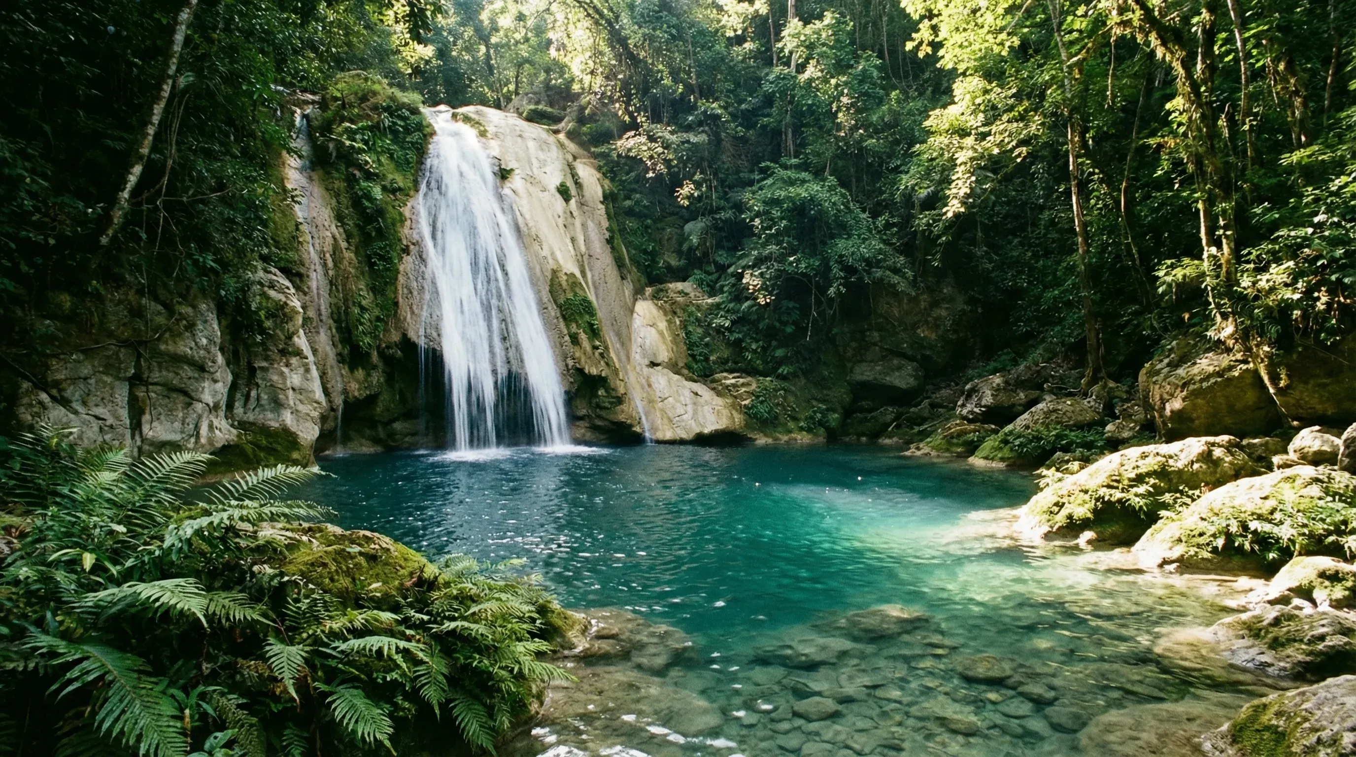 A waterfall cascading into a deep turquoise pool surrounded by tropical vegetation and limestone rocks.