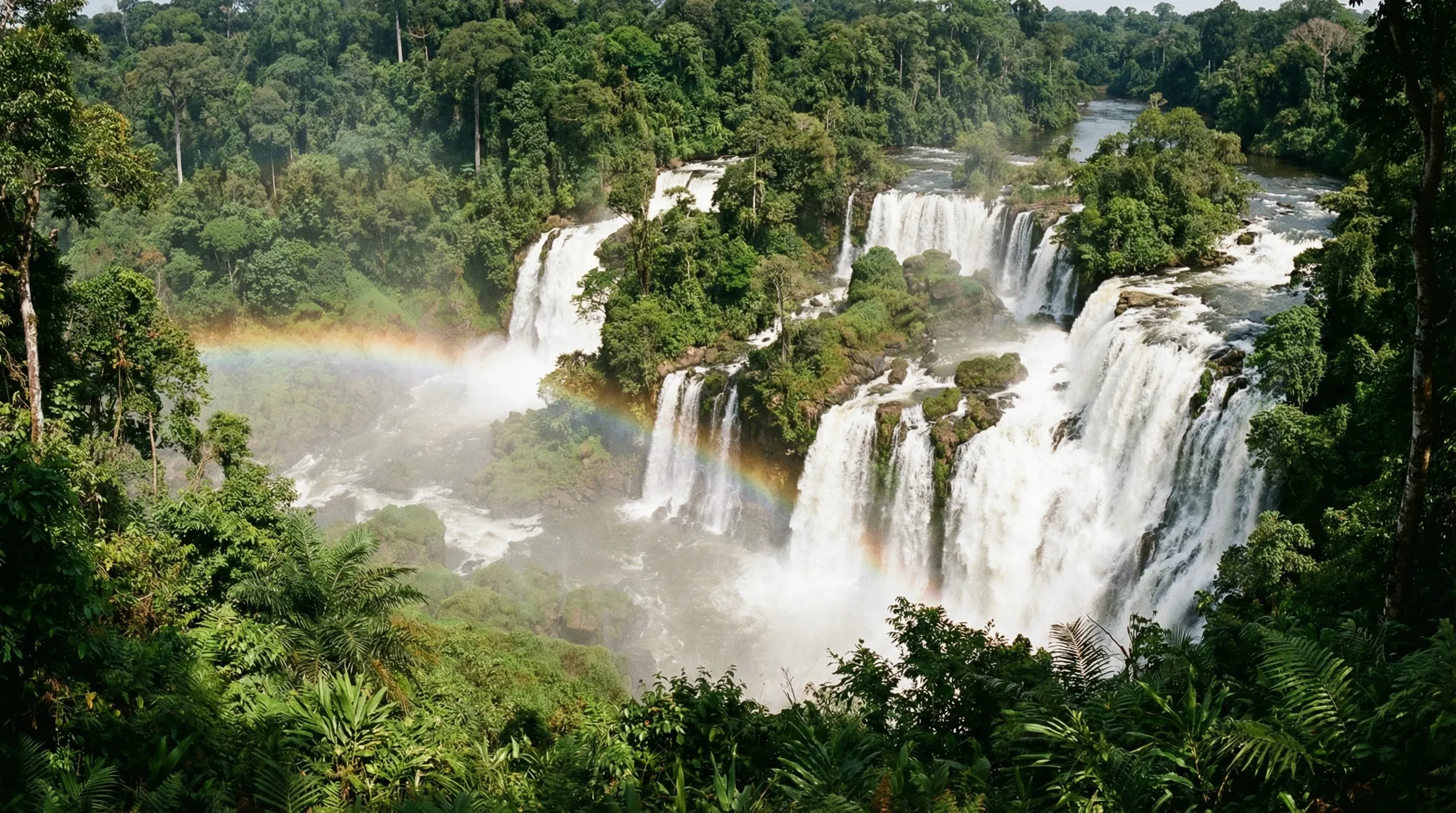 Wide-angle view of the multi-tiered Kongou Falls surrounded by dense primary rainforest in Ivindo National Park, Gabon.