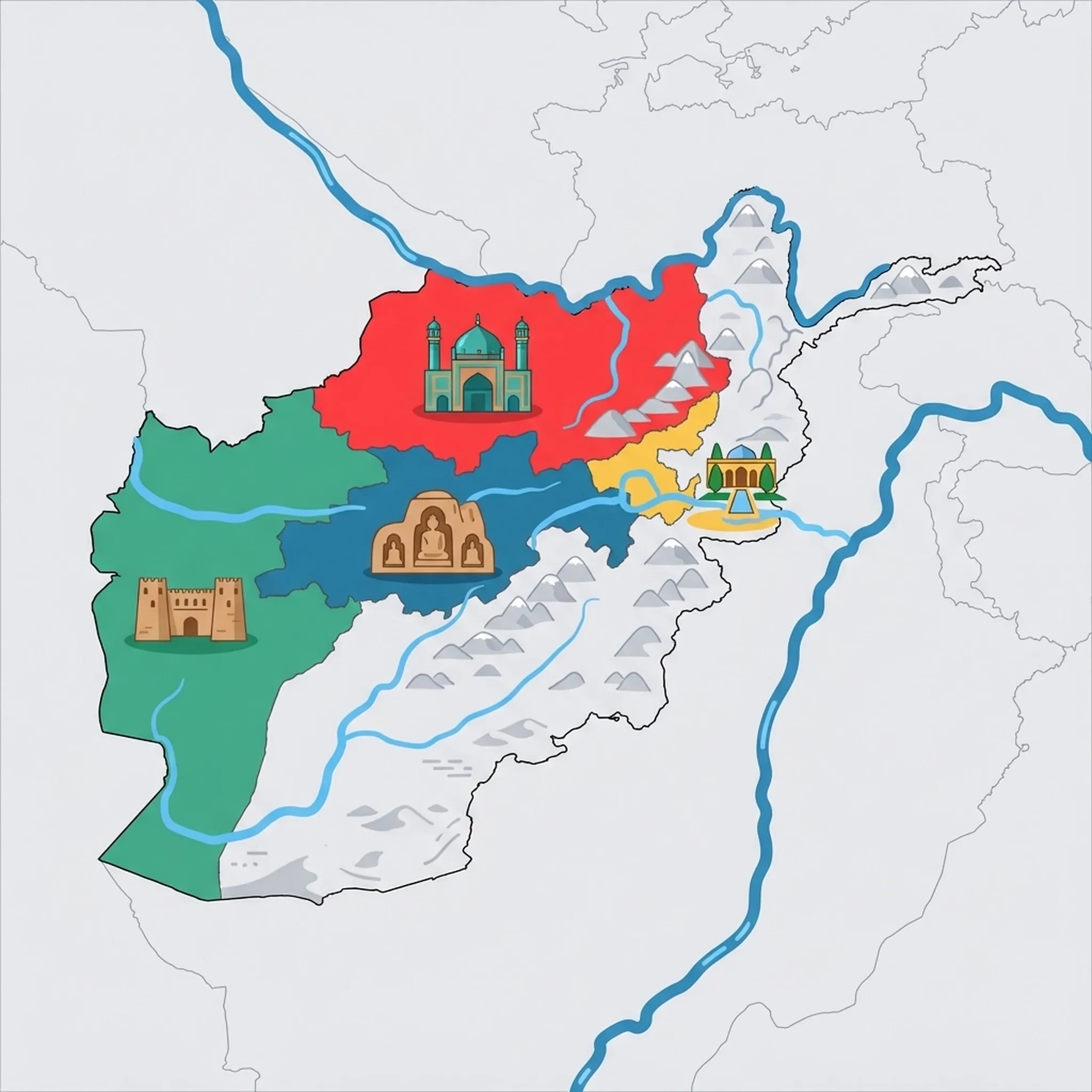 Colourful illustrated map of Afghanistan showing 4 tourist regions including Mazar-i-Sharif and the Northern Plains, Kabul and the Panjshir Valley, and Bamyan and the Central Highlands, decorated with iconic landmarks like Shrine of Hazrat Ali, Gardens of Babur, Buddha Niches, and Citadel of Herat, with geographic features including Hindu Kush, Amu Darya, Helmand River, and Band-e-Amir Lakes.