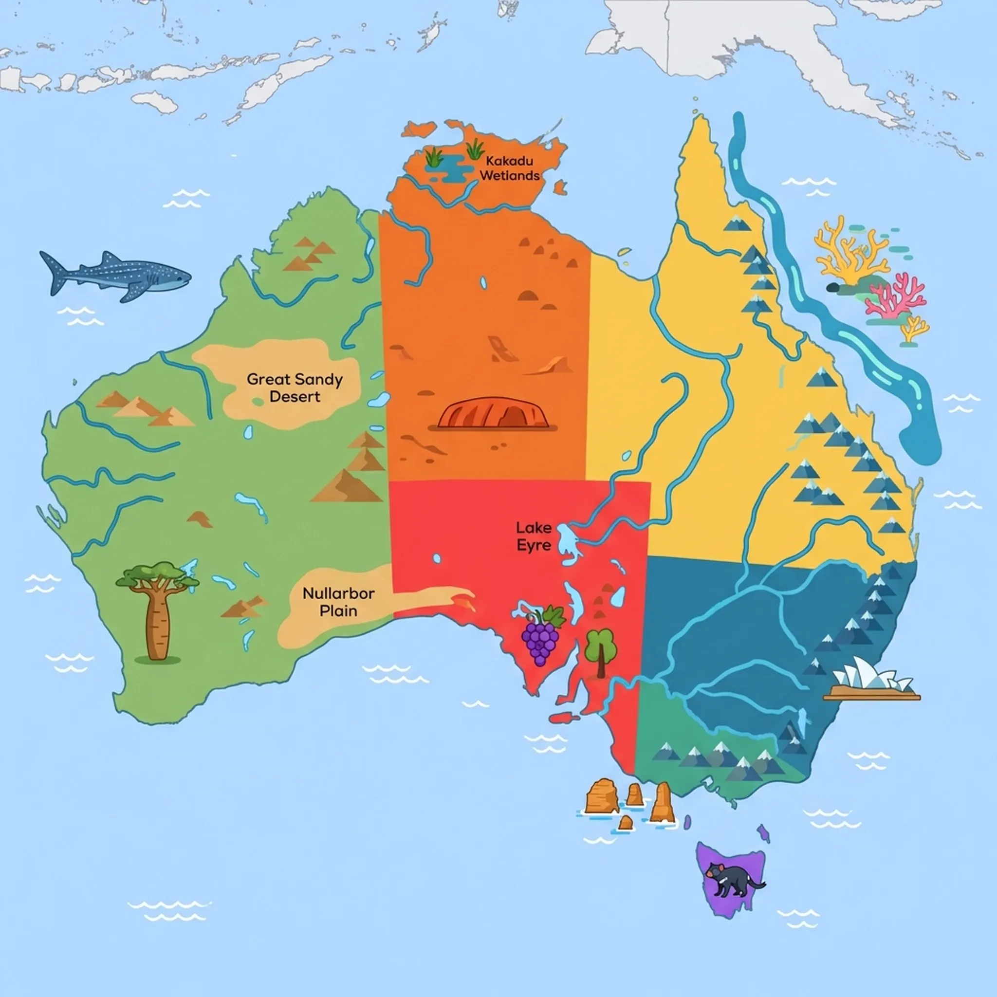 Colourful illustrated map of Australia showing 7 tourist regions including Northern Territory (Top End & Red Centre), Sydney & New South Wales, and Tasmania, decorated with iconic landmarks like Uluru Monolith, Sydney Opera House, Tasmanian Devil, Twelve Apostles, and Vineyard Grapes, with geographic features including Great Dividing Range, Murray River, Great Barrier Reef, and Lake Eyre.