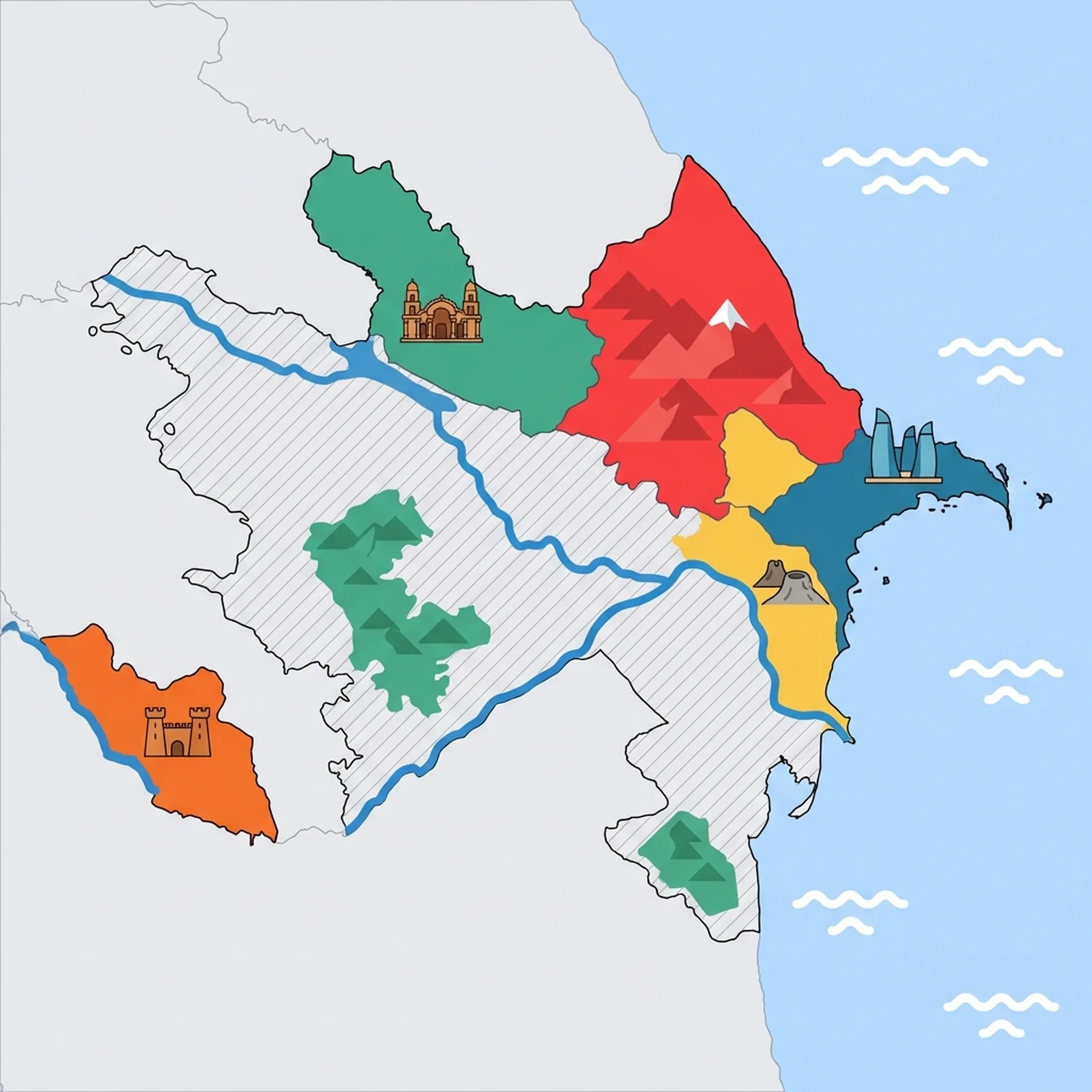 Colourful illustrated map of Azerbaijan showing 5 tourist regions including Sheki & Northwest, Caucasus Mountains, and Nakhchivan (exclave), decorated with iconic landmarks like Palace of Shaki Khans, Mount Bazardüzü, Alinja Castle, Flame Towers, and Mud Volcanoes, with geographic features including Caspian Sea, Greater Caucasus Mountains, Lesser Caucasus Mountains, and Kura River.