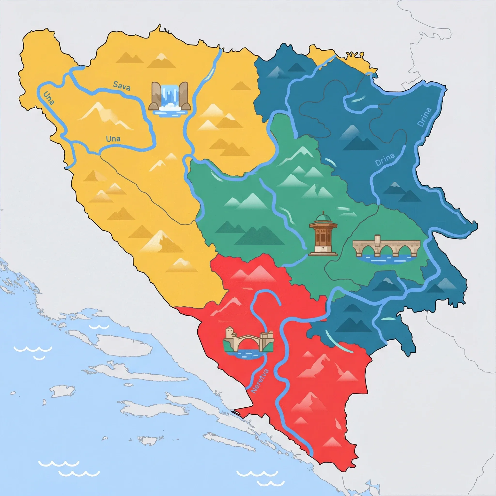 Colourful illustrated map of Bosnia and Herzegovina showing 4 tourist regions including Eastern and Southeastern Bosnia, Herzegovina, and Northwestern Bosnia (Bosanska Krajina), decorated with iconic landmarks like Mehmed Paša Sokolović Bridge, Stari Most, Štrbački Buk Waterfall, and Sebilj Fountain, with geographic features including Dinaric Alps, Neretva River, Drina River, and Una River.