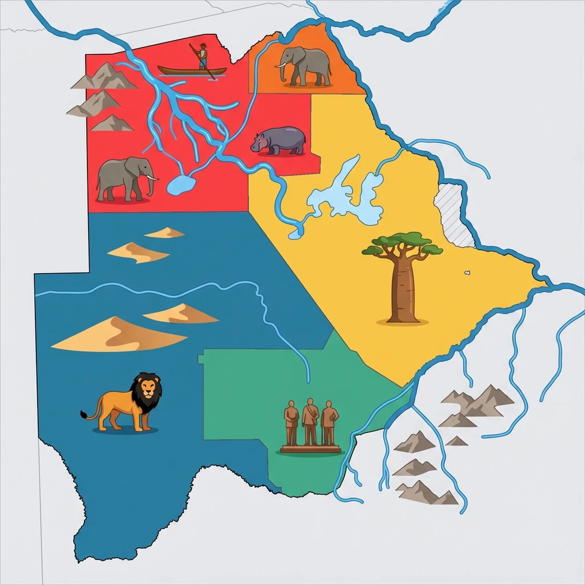 Colourful illustrated map of Botswana showing 5 tourist regions including Okavango Delta, Chobe National Park, and Gaborone & Southeast, decorated with iconic landmarks like Mokoro Canoe, African Elephant, Hippopotamus, African Elephant, and Three Dikgosi Monument, with geographic features including Okavango Delta, Kalahari Desert, Makgadikgadi Pans, and Chobe River.