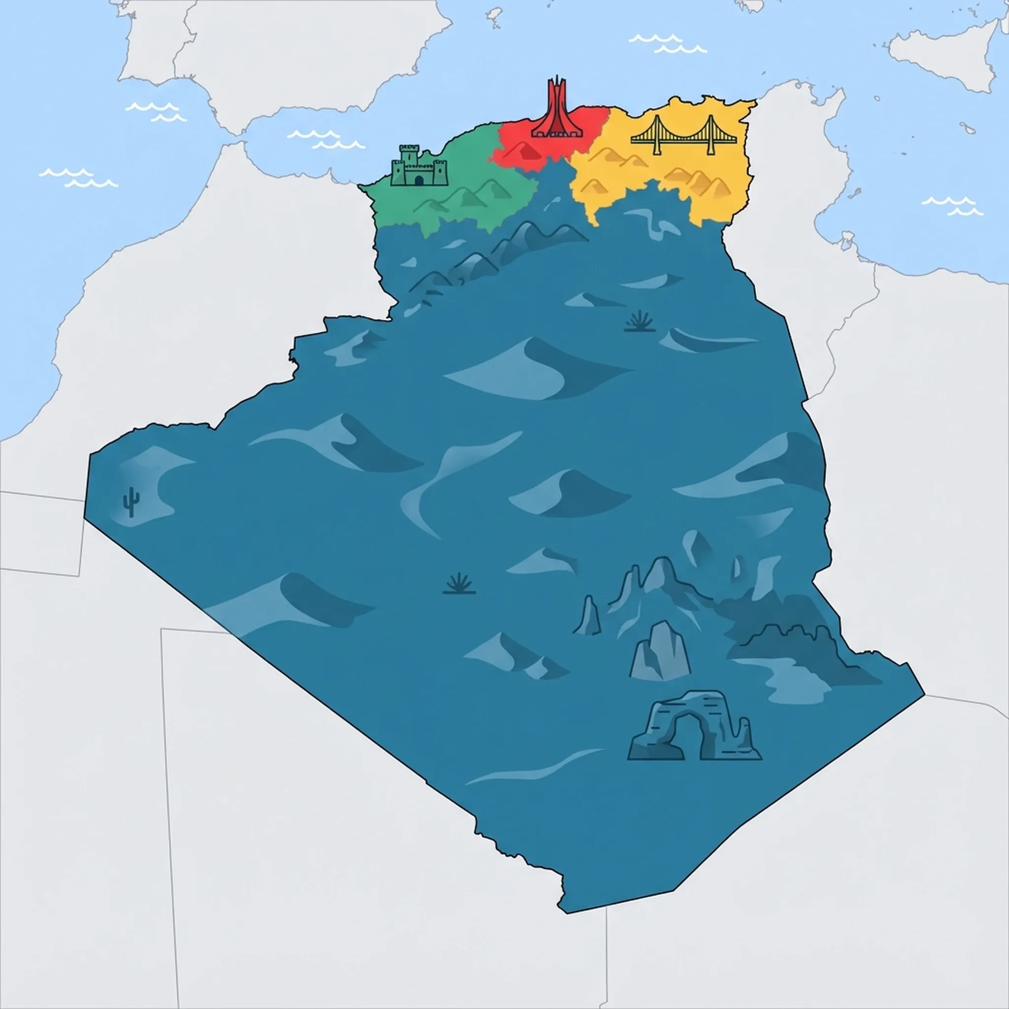 Colourful illustrated map of Algeria showing 4 tourist regions including Algiers & Tell Atlas, Sahara & South (Tassili, Hoggar), and Constantine & East, decorated with iconic landmarks like Martyrs' Memorial, Tassili n'Ajjer Rock Arches, Sidi M'Cid Suspension Bridge, and Fort Santa Cruz, with geographic features including Sahara Desert, Tell Atlas Mountains, Saharan Atlas, and Ahaggar Mountains.