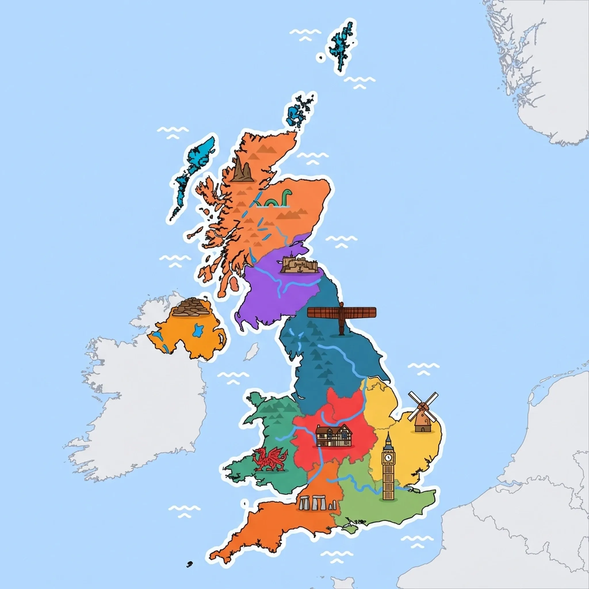 Colourful illustrated map of United Kingdom showing 10 tourist regions including South West England, Scottish Islands, and Eastern England, decorated with iconic landmarks like Stonehenge, Old Man of Storr, Norfolk Broads Windmill, Welsh Red Dragon, and Big Ben, with geographic features including Ben Nevis, River Thames, Lake District, and White Cliffs of Dover.