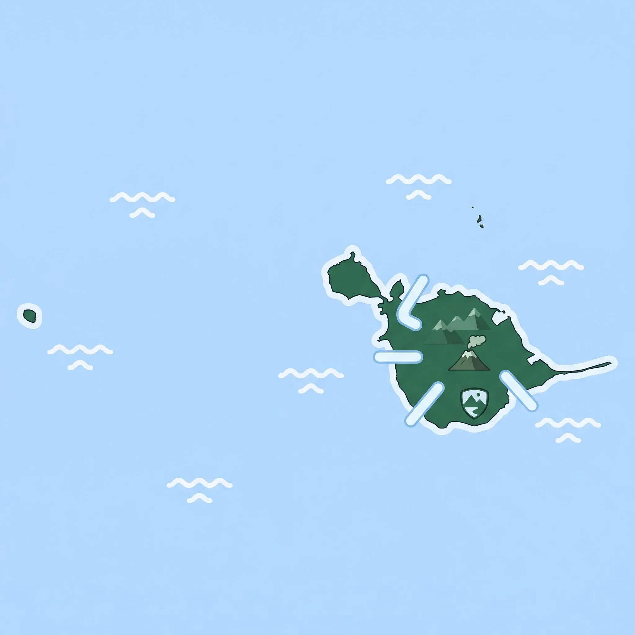 Colourful illustrated map of Heard Island and McDonald Islands showing 1 tourist regions including Heard Island & McDonald Islands — Remote Subantarctic Wilderness, decorated with iconic landmarks like Mawson Peak Volcano and Heard Island & McDonald Islands — Remote Subantarctic Wilderness National Park, with geographic features including Big Ben Massif, Mawson Peak, McDonald Island, and Gotley Glacier.