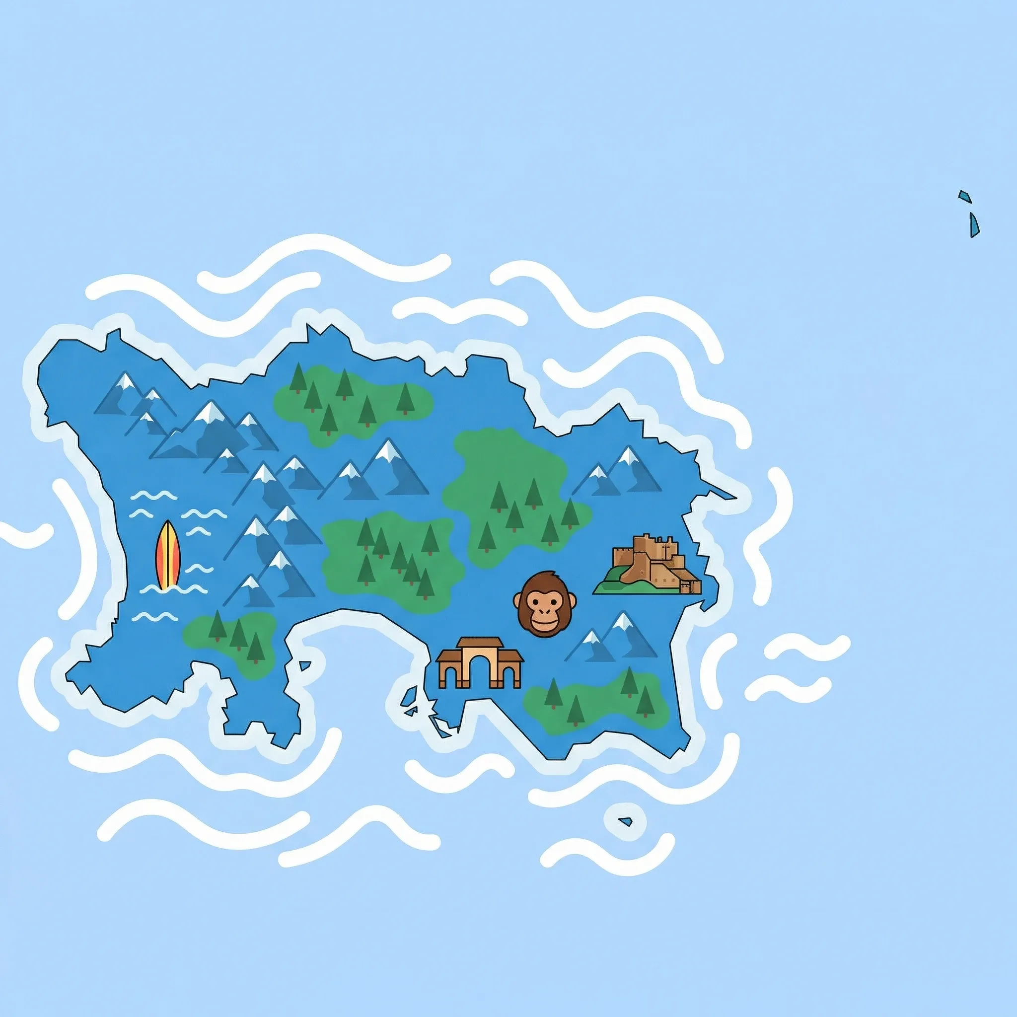 Colourful illustrated map of Jersey showing 1 tourist regions including Jersey, decorated with iconic landmarks like Mont Orgueil Castle, Durrell Wildlife Park, Jersey Zoo, and St Ouen's Bay, with geographic features including English Channel, St. Ouen's Bay, St. Aubin's Bay, and La Corbière.