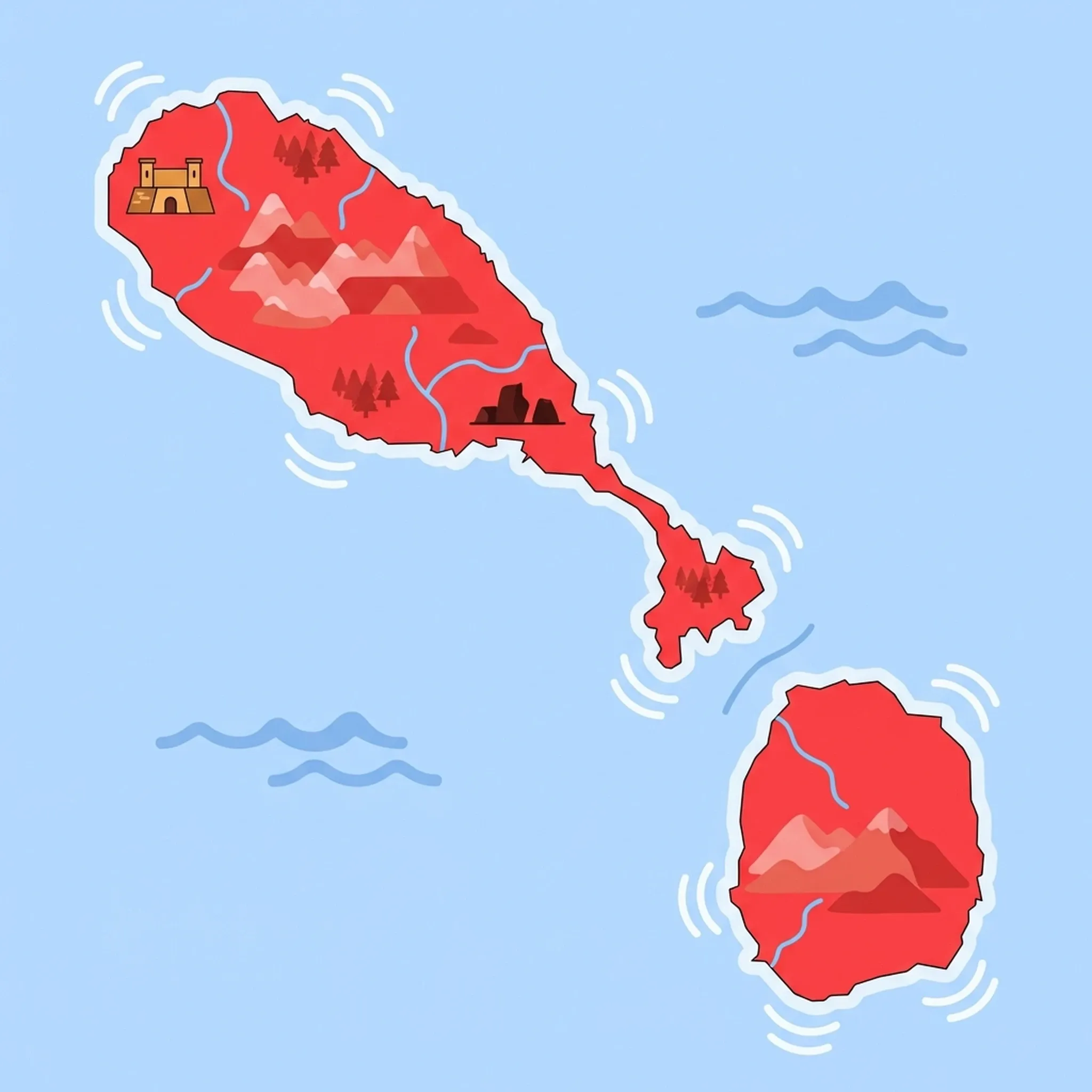 Colourful illustrated map of Saint Kitts and Nevis showing 1 tourist regions including St Kitts and Nevis, decorated with iconic landmarks like Pinney's Beach, Mount Liamuiga, Cockleshell Bay, and Nevis Peak Trail, with geographic features including Mount Liamuiga, Nevis Peak, The Narrows, and South East Peninsula.