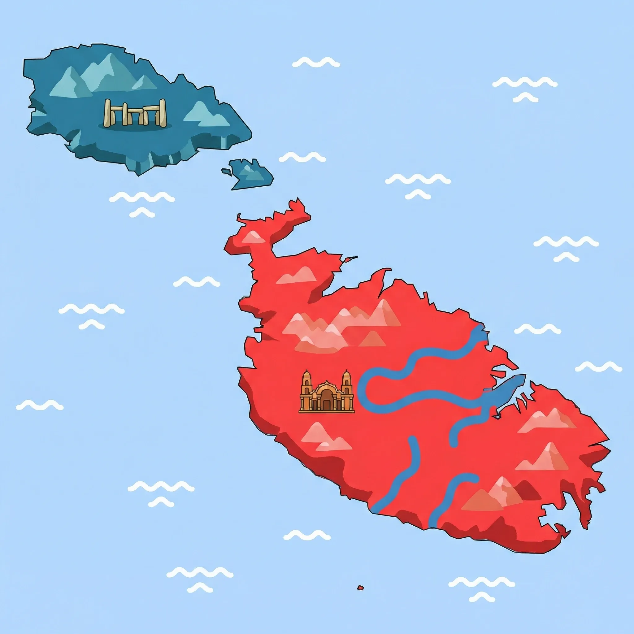 Colourful illustrated map of Malta showing 2 tourist regions including Malta (main island - Valletta, Mdina), Gozo & Comino, decorated with iconic landmarks like Mdina Silent City and Ggantija Megalithic Temples, with geographic features including Mediterranean Sea, Grand Harbour, Dingli Cliffs, and Victoria Lines.