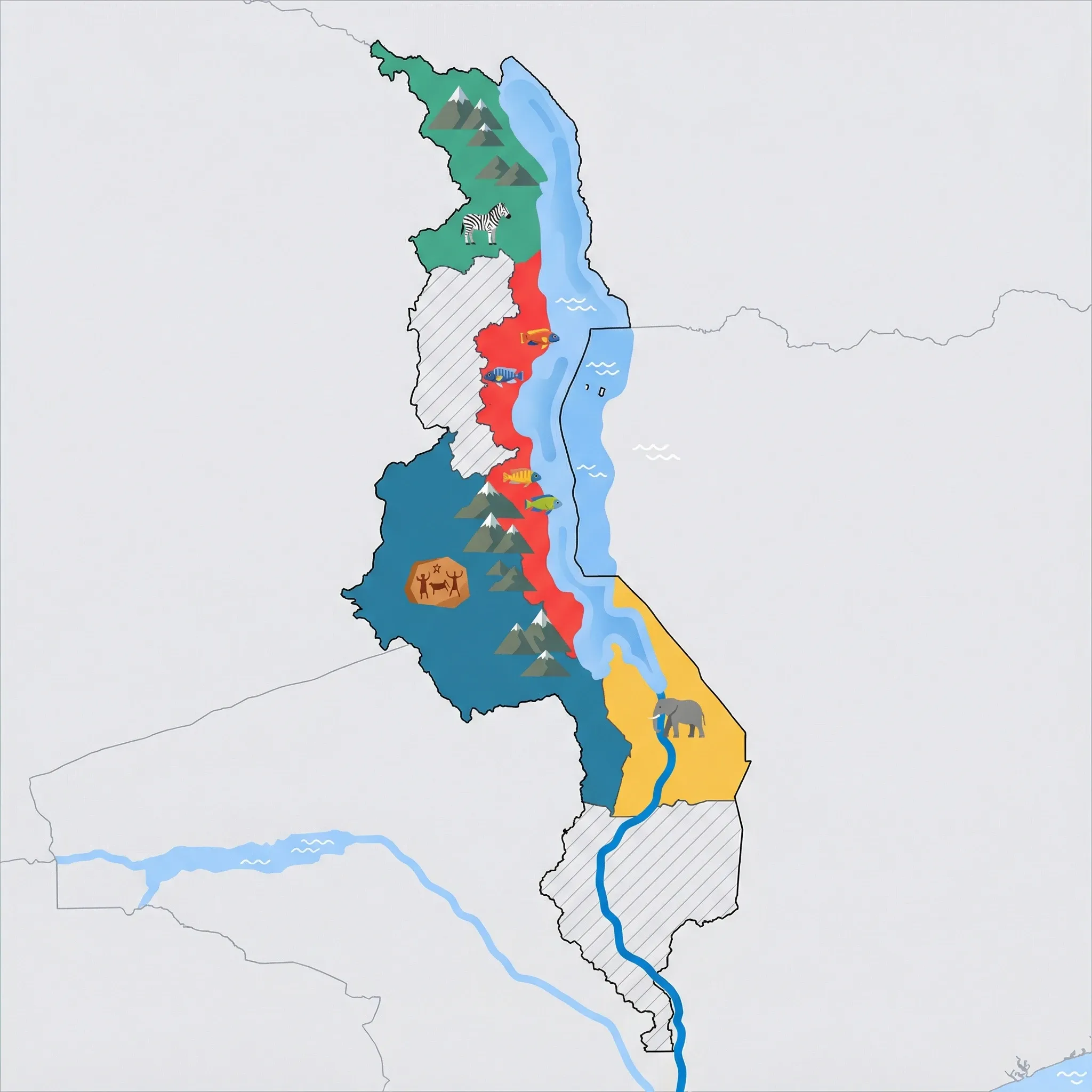 Colourful illustrated map of Malawi showing 4 tourist regions including Nyika Plateau, Lilongwe & Central, and Liwonde NP, decorated with iconic landmarks like Burchell's Zebra, Chongoni Rock Art, River Elephant, and Colorful Cichlid Fish, with geographic features including Lake Malawi, Shire River, Mount Mulanje, and Nyika Plateau.