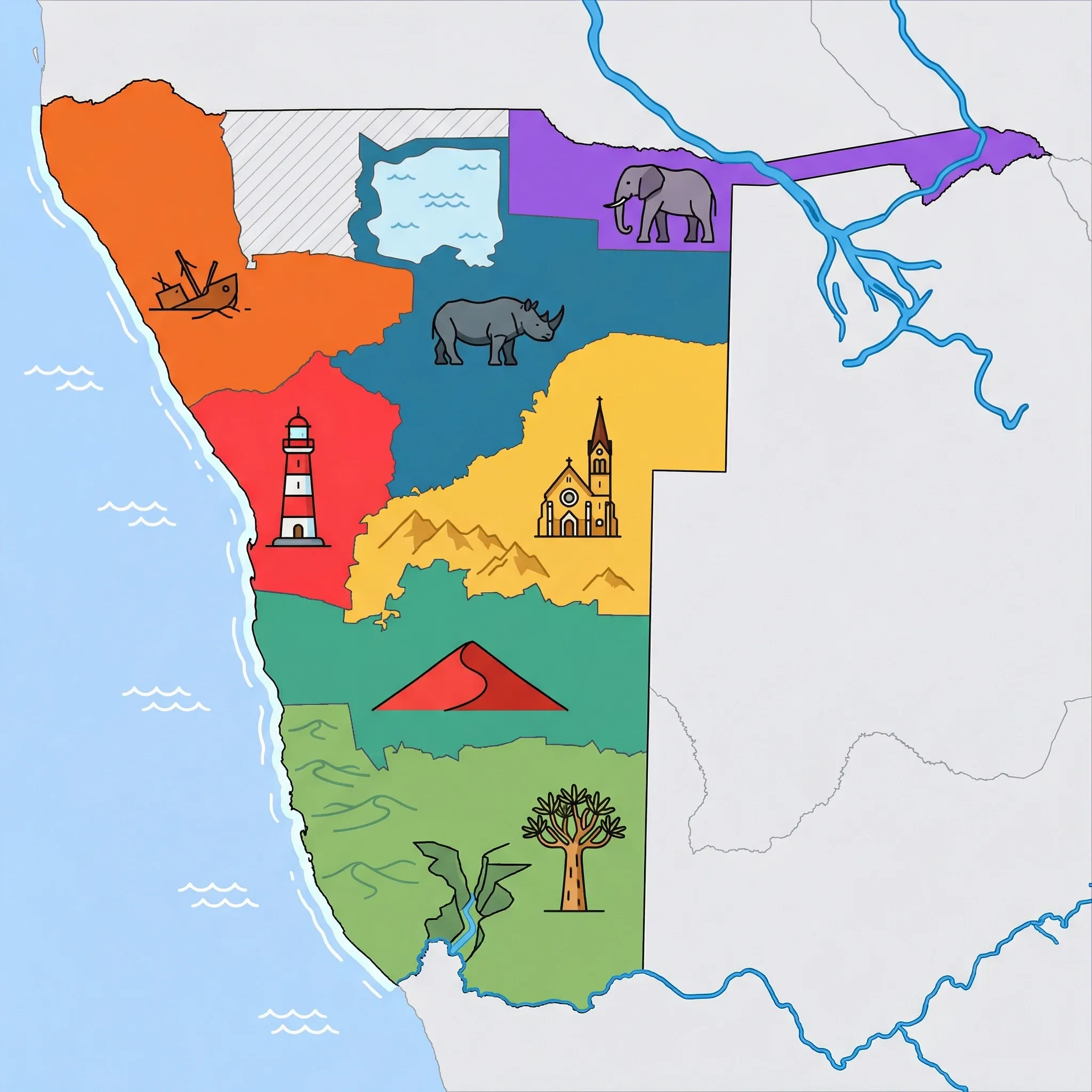 Colourful illustrated map of Namibia showing 7 tourist regions including Sossusvlei & Namib Desert, Windhoek & Central Plateau, and Swakopmund & Coast, decorated with iconic landmarks like Red Sand Dune, Christuskirche, Swakopmund Lighthouse, Quiver Tree, and Abandoned Shipwreck, with geographic features including Namib Desert, Kalahari Desert, Etosha Pan, and Fish River Canyon.