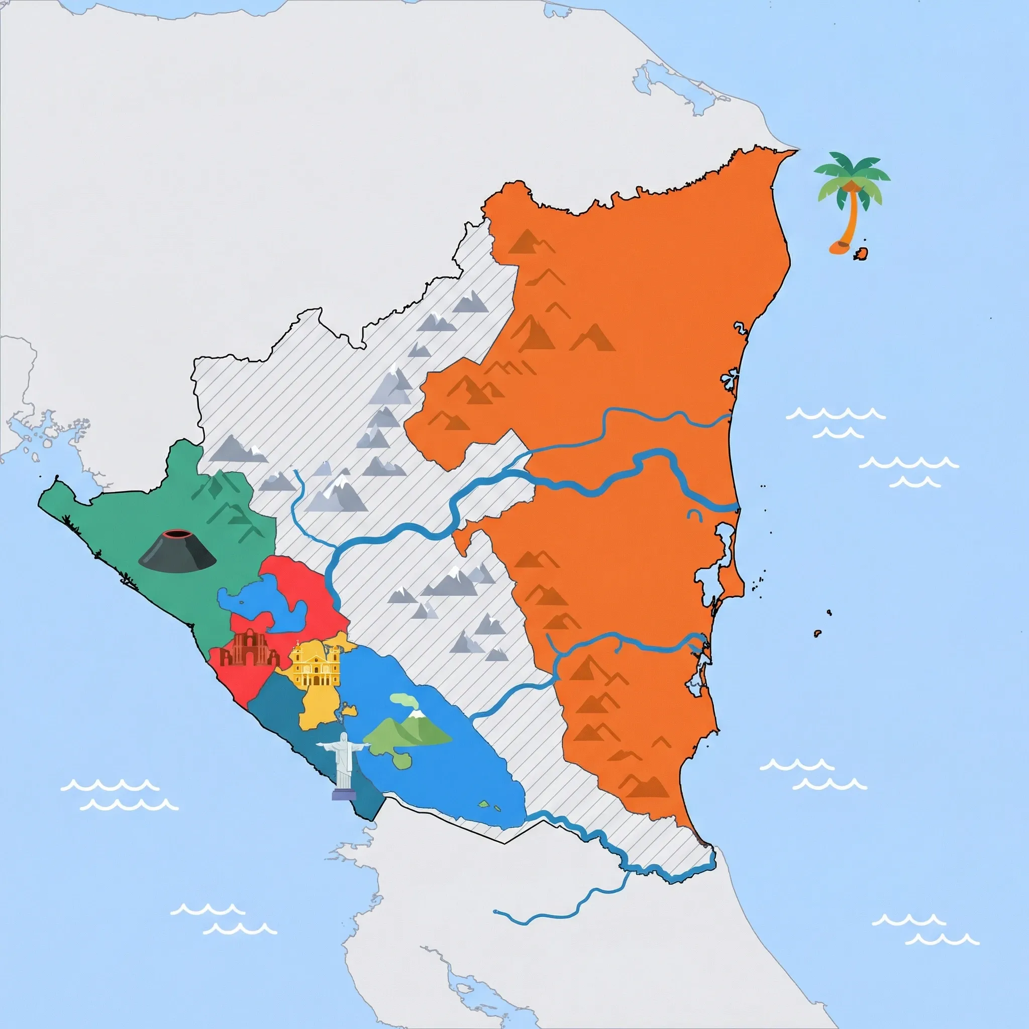 Colourful illustrated map of Nicaragua showing 6 tourist regions including Managua, Granada & Masaya, and San Juan del Sur & Pacific, decorated with iconic landmarks like Old Cathedral Ruins, Yellow Colonial Cathedral, Christ of the Mercy Statue, Cerro Negro Volcano Boarder, and Caribbean Coconut Palm, with geographic features including Lake Nicaragua, Lake Managua, San Juan River, and Cordillera de los Maribios.