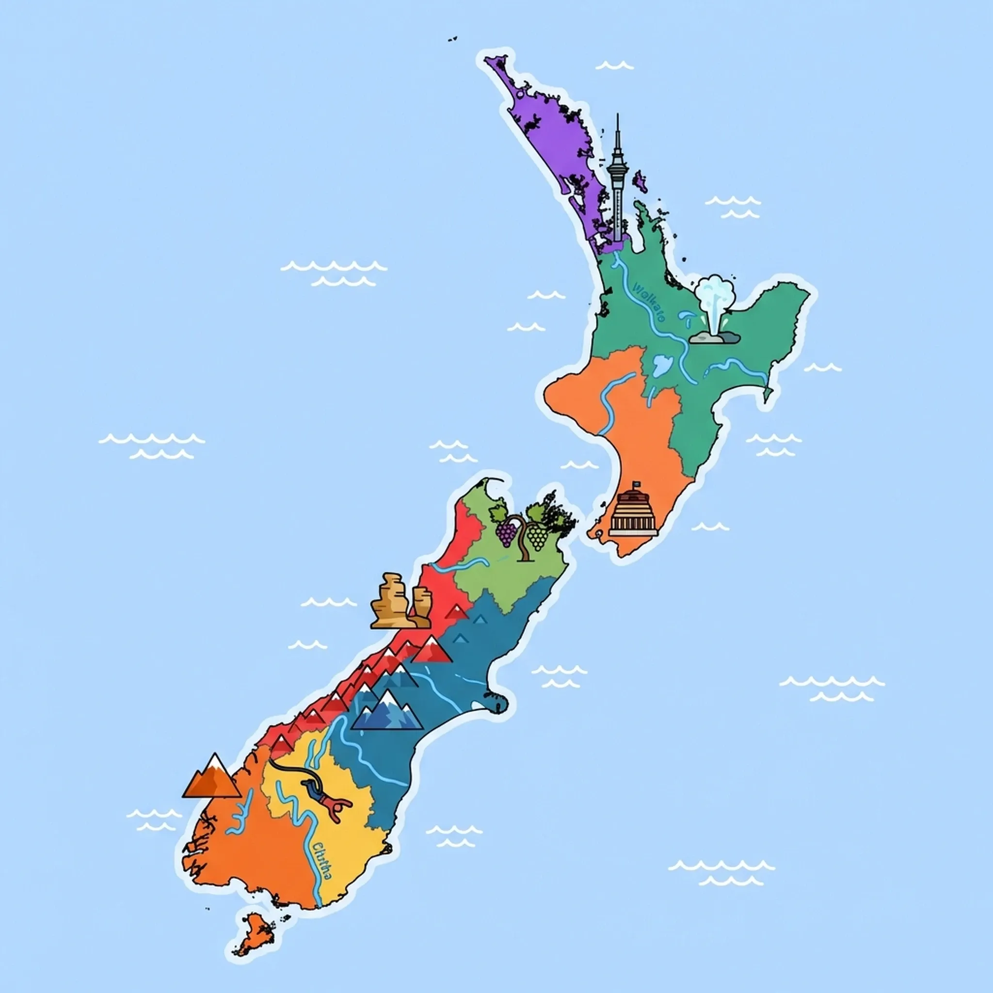 Colourful illustrated map of New Zealand showing 8 tourist regions including Auckland & Northland, Rotorua & Central North Island, and South Island West Coast (glaciers), decorated with iconic landmarks like Sky Tower, Pohutu Geyser, Pancake Rocks, Aoraki / Mount Cook, and Mitre Peak, with geographic features including Southern Alps, Lake Taupō, Waikato River, and Milford Sound.