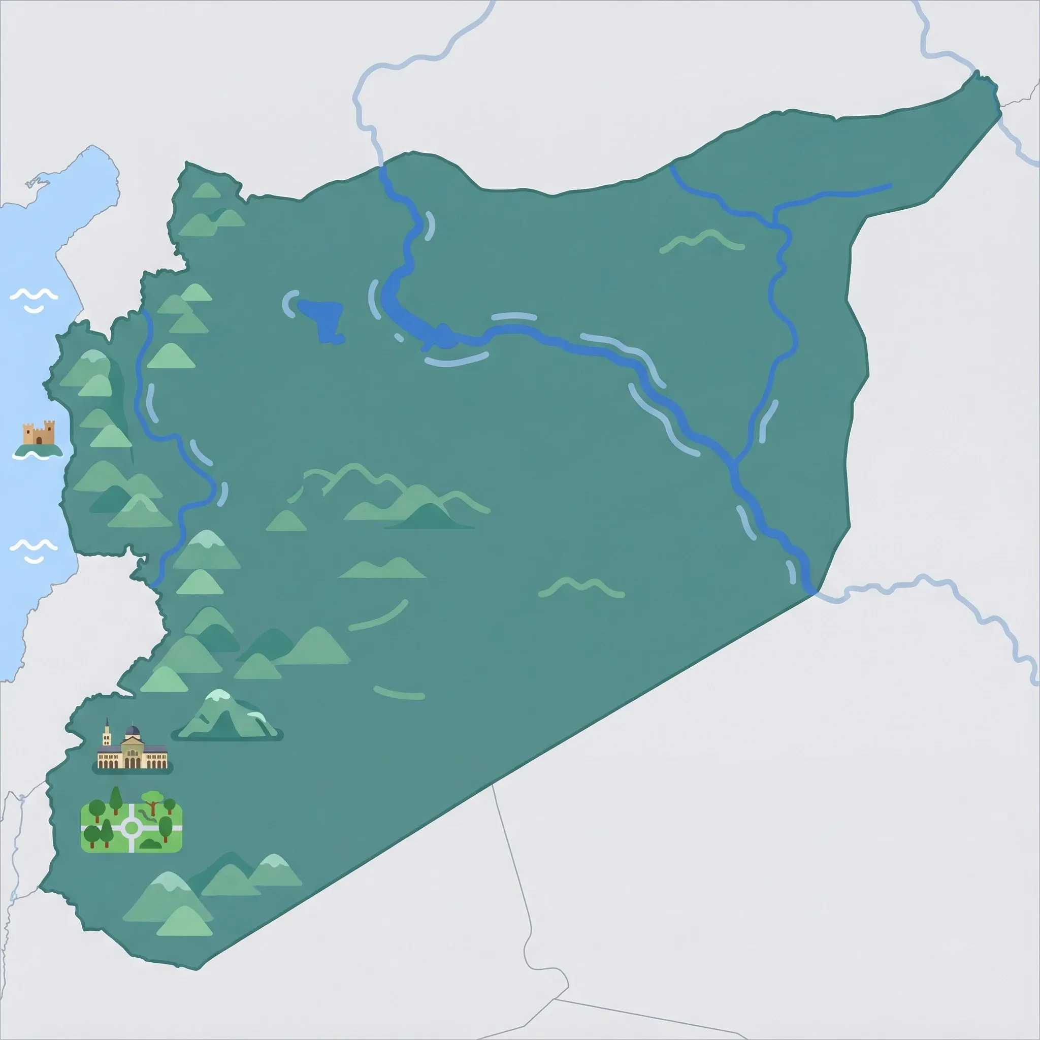 Colourful illustrated map of Syria showing 1 tourist regions including Syria, decorated with iconic landmarks like Umayyad Mosque, Arwad Island, Mount Qasioun, and Tishreen Park, with geographic features including Euphrates River, Syrian Desert, Anti-Lebanon Mountains, and Mediterranean Sea.