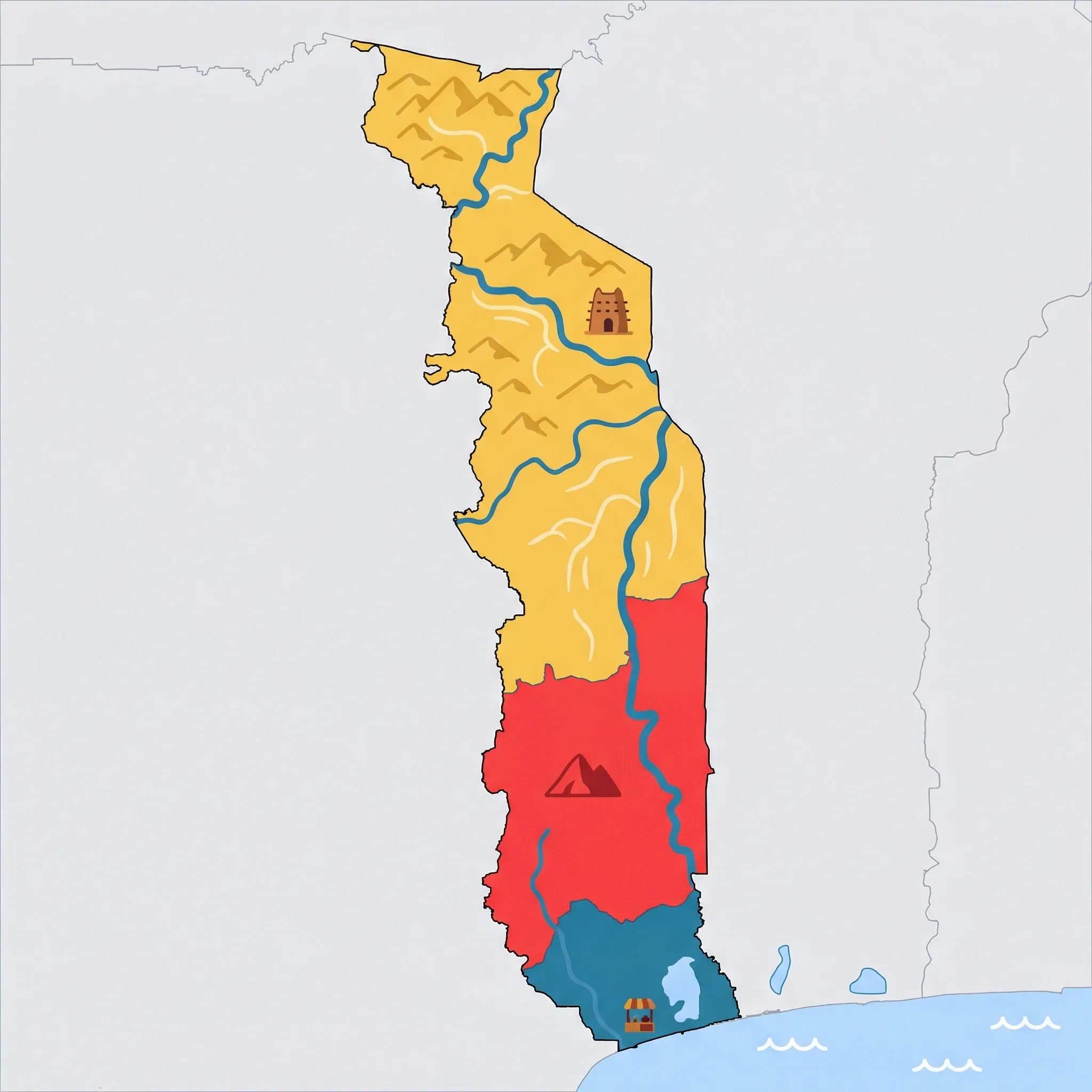 Colourful illustrated map of Togo showing 3 tourist regions including Lomé & Coast, Kpalimé & Plateaux, Kara & Northern Togo, decorated with iconic landmarks like Akodessewa Fetish Market, Mount Agou Peak, and Koutammakou Mud-Tower House, with geographic features including Gulf of Guinea, Lake Togo, Mount Agou, and Mono River.