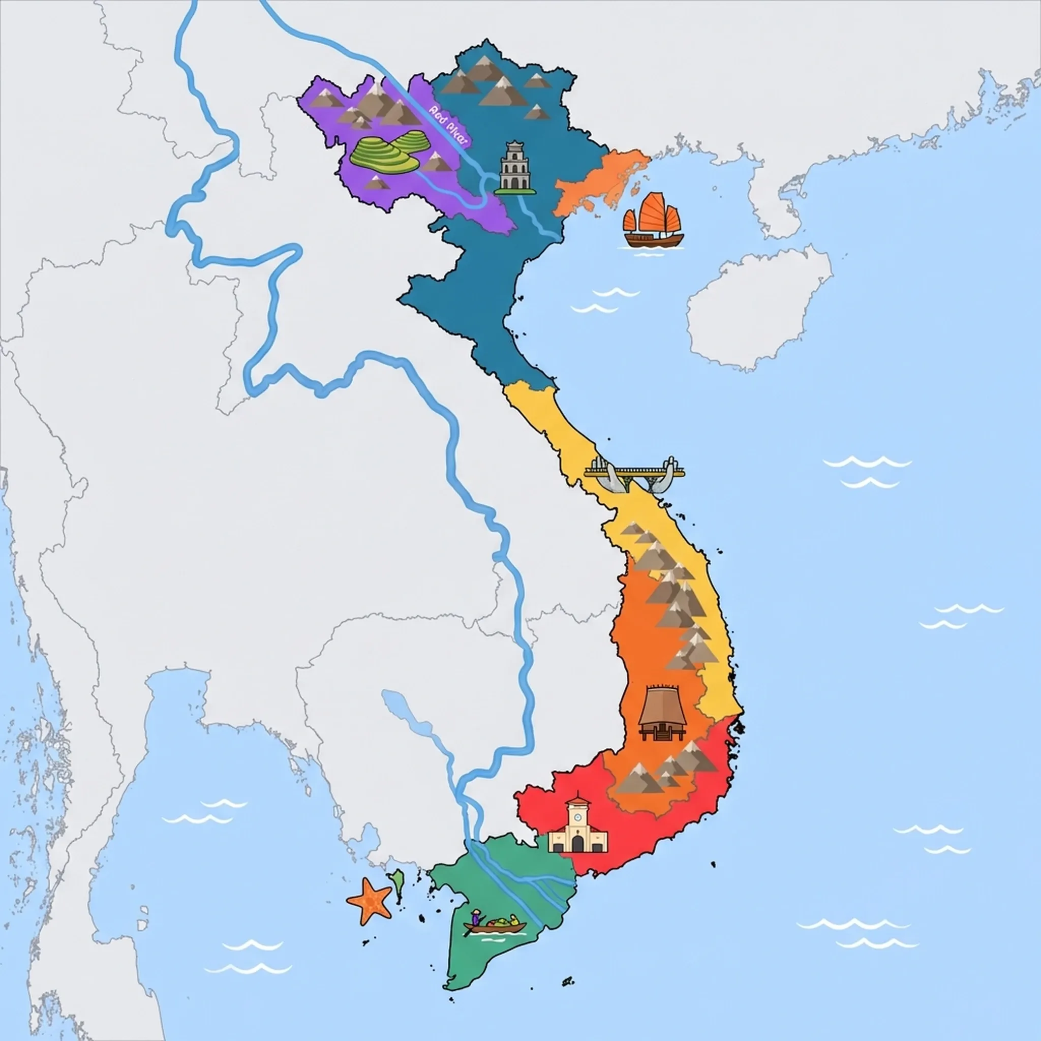 Colourful illustrated map of Vietnam showing 8 tourist regions including Hanoi & North, Sapa & Northwest Mountains, and Phu Quoc Island, decorated with iconic landmarks like Turtle Tower, Terraced Rice Fields, Tropical Starfish, Ben Thanh Market Clock Tower, and Traditional Junk Boat, with geographic features including Mekong River, Red River, Hoang Lien Son Mountains, and Annamite Range.