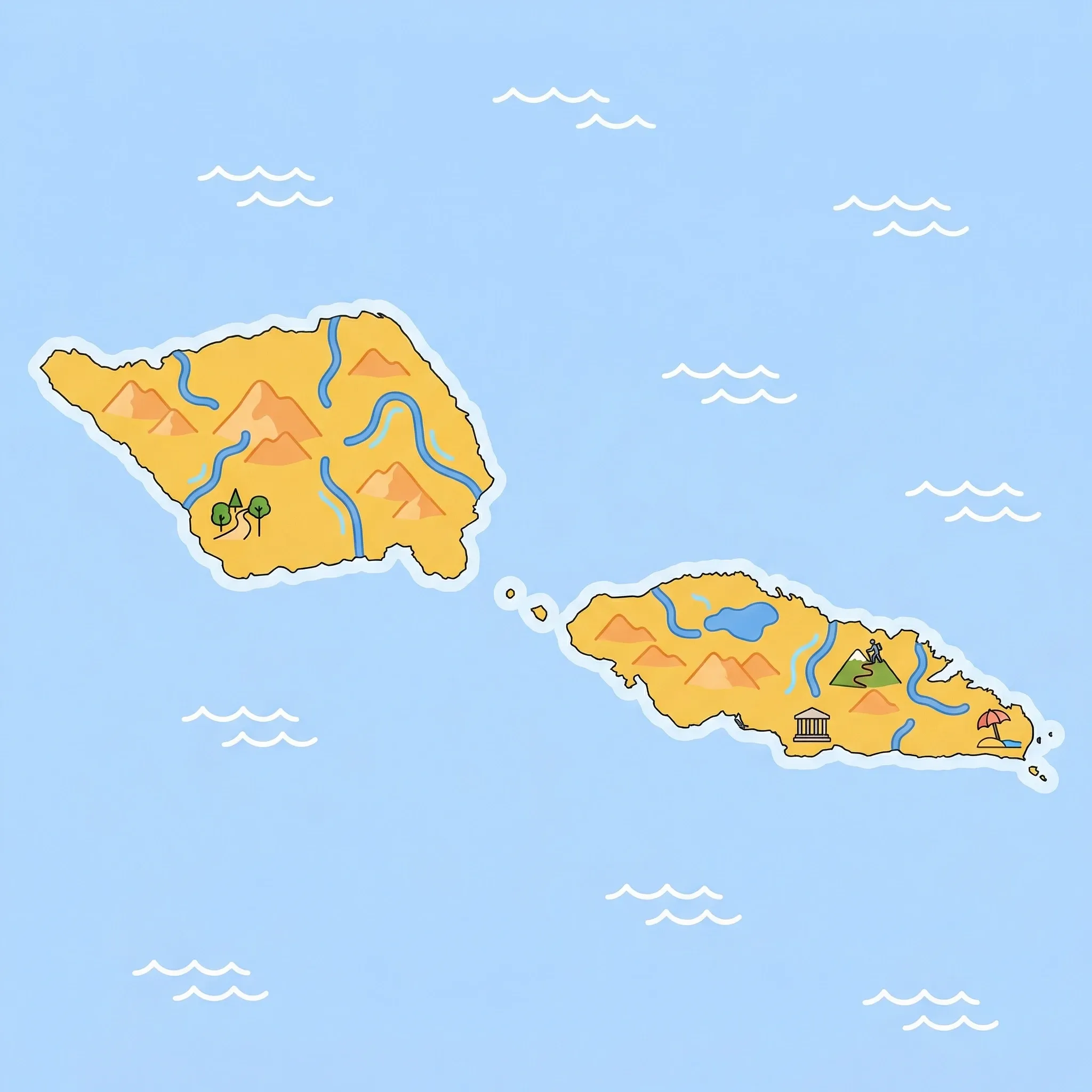 Colourful illustrated map of Samoa showing 1 tourist regions including Samoa, decorated with iconic landmarks like Lalomanu Beach, Museum of Samoa, Mount Vaea Trail, and O Le Pupu-Pu'e National Park, with geographic features including Upolu Island, Savai'i Island, Mount Silisili, and Saleaula Lava Fields.