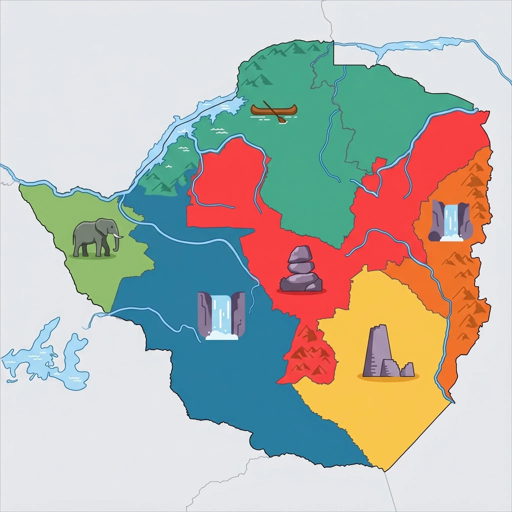 Colourful illustrated map of Zimbabwe showing 6 tourist regions including Harare & Central, Mana Pools & Zambezi Valley, and Great Zimbabwe & Masvingo, decorated with iconic landmarks like Epworth Balancing Rocks, Zambezi Canoe Safari, Great Zimbabwe Conical Tower, Victoria Falls, and African Elephant, with geographic features including Zambezi River, Lake Kariba, Victoria Falls, and Mount Nyangani.